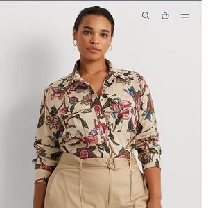 Ralph Lauren Cotton Voile Button Down Shirt Beige With Floral Print Size Medium